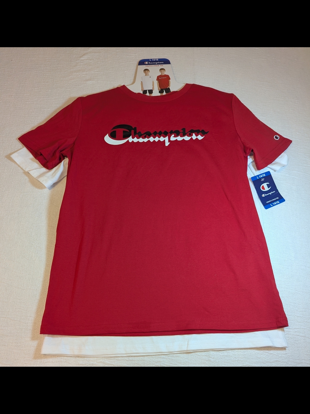 Champion Red Short Sleeve Tee with White Layered Hem Size 14/16